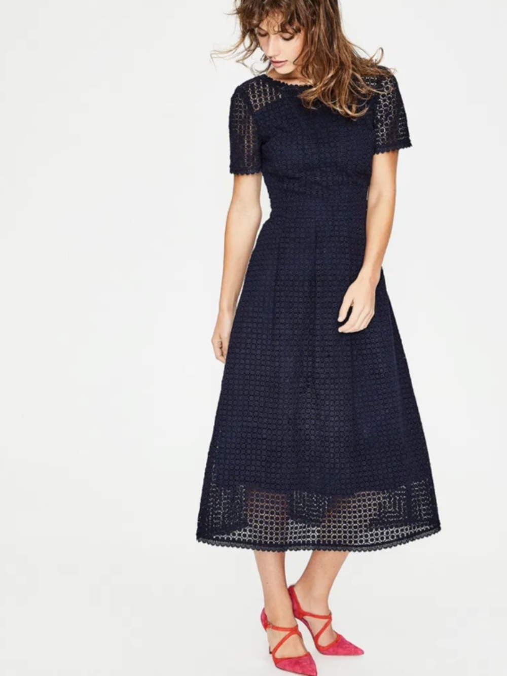 Brand New Boden Cotton Julieta Lace Dress Navy Blue Tea Length Size 12 Regular